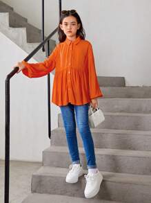 SHEIN Cô gái Tween Tay áo lồng đèn Xù Hoa Sen Áo Blouse Smock - Màu Cam cháy - Xem 6