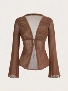 SHEIN ICON 蕾絲拼接前繫帶網紗上衣 - 咖啡棕 - 查看 2