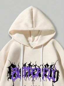 ROMWE MEN Grunge Punk Men Butterfly & Slogan Graphic Drawstring Thermal Lined Hoodie - Beige - View 6