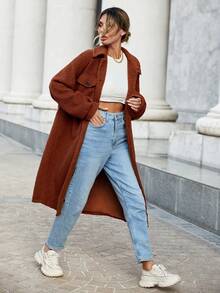 SHEIN Essnce 翻蓋口袋落肩袖絨毛外套 - 棕色 - 查看 5