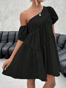 Firerie 素色不對稱領泡泡袖娃娃裙 - 黑色 - 查看 3