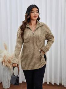 SHEIN Frenchy Plus Quarter Zip Drop Shoulder Sweater In Fall/Winter - Khaki - View 3