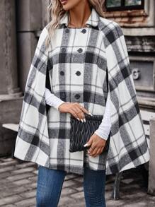 SHEIN LUNE Plaid Print Cloak Sleeve Double Breasted Overcoat - Black and White - View 5