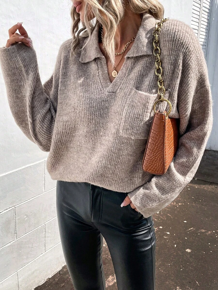 SHEIN LUNE Pocket Front Drop Shoulder Sweater,Long Sleeve Tops Knit Pullover Fall Winter Sweater - Khaki - View 1