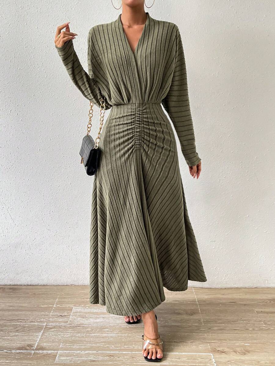 Chiquease Solid Ruched Front Dress Fall Cloth For Women - Green - View 1