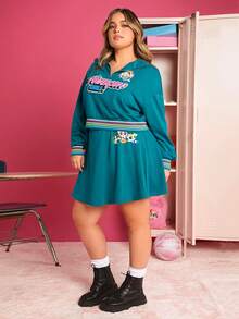 THE POWERPUFF GIRLS X SHEIN 大碼字母圖案落肩袖套頭衫&半身裙 - 綠色 - 查看 4
