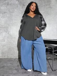 SHEIN CURVE+ Plus Size Plaid Print Drop Shoulder Sweatshirt - Grey - View 6