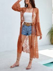 SHEIN VCAY Open Front Sheer Lace Kimono - Orange - View 5