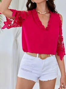 SHEIN VCAY Cold Shoulder Guipure Lace Sleeve Frill Trim Blouse - Hot Pink - View 4