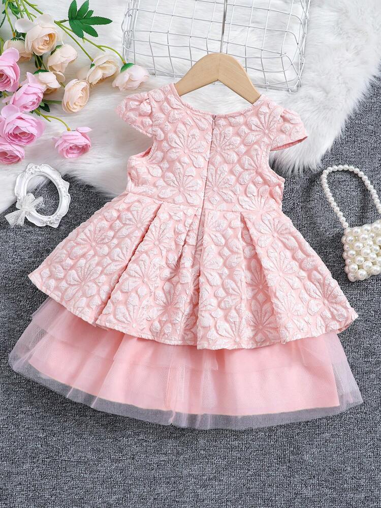 Baby Girl Floral Jacquard Contrast Mesh Bow Front Party Dress