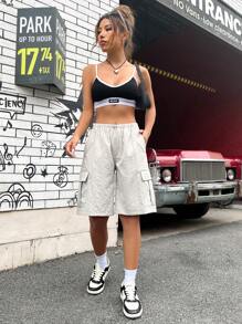 SHEIN EZwear Flap Pocket Side Drawstring Waist Cargo Shorts - Khaki - View 4