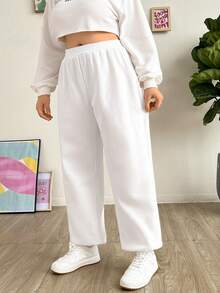 SHEIN EZwear 大碼素色彈性腰帶衛褲 - 白色 - 查看 4