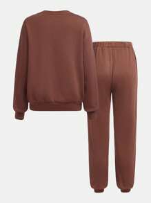 Bộ 2 áo nỉ cổ tròn thêu vá màu trơn và quần chạy bộ, vải nỉ, dày - Dành cho thanh thiếu niên - Cà phê nâu - Xem 2