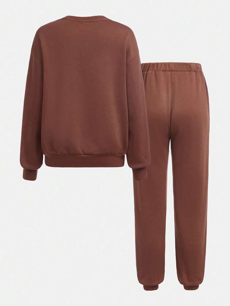 2pcs Solid Color Embroidered Patch Crew Neck Sweatshirt And Jogger Pants Set, Fleece, Thickened - For Teenagers