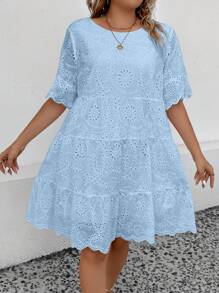 SHEIN LUNE Hơn Lỗ gắn thêu Xù Hoa Sen Đầm Không có thắt lưng - Màu xanh nhạt - Xem 5
