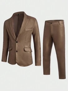 Manfinity VCAY Men Solid Single Breasted Blazer & Suit Pants - Mocha Brown - View 1