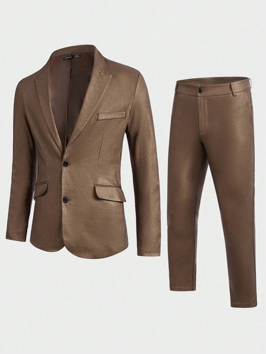 Manfinity VCAY Men Solid Single Breasted Blazer & Suit Pants - Mocha Brown - View 1