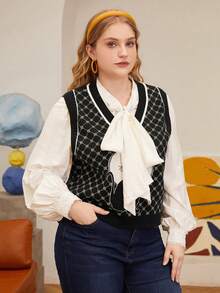 SHEIN MOD 大碼卡通圖案條紋飾邊毛衣背心無襯衫 - 黑與白 - 查看 5