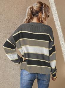 SHEIN LUNE Striped Pattern Drop Shoulder Oversized Sweater,Long Sleeve Tops - Grey - View 2
