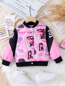 SHEIN Young Girl Letter & Figure Graphic Bomber Jacket Without Tee - Pink - View 1