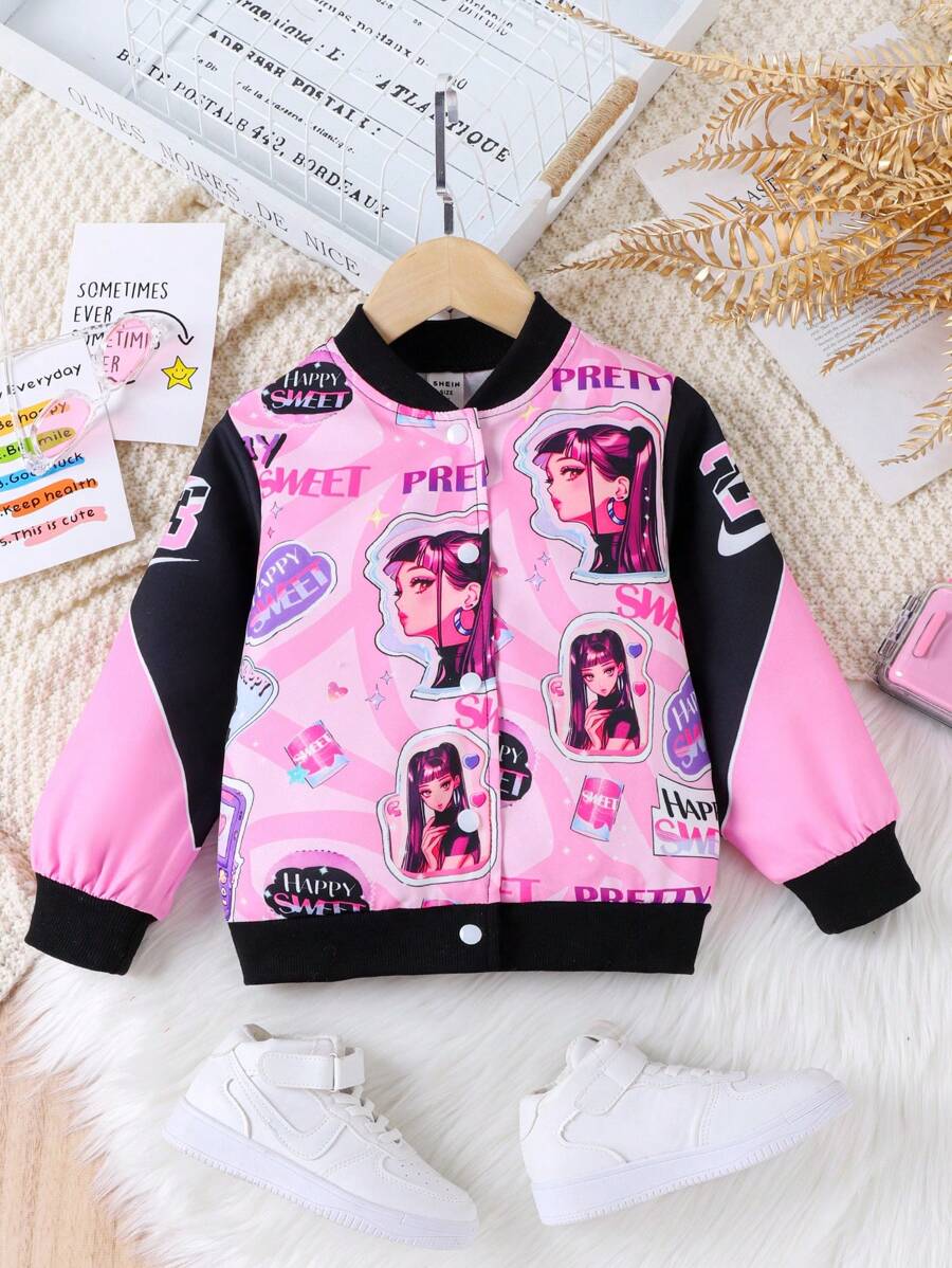 SHEIN Young Girl Letter & Figure Graphic Bomber Jacket Without Tee - Pink - View 1