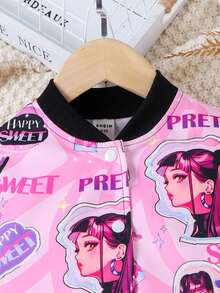 SHEIN Young Girl Letter & Figure Graphic Bomber Jacket Without Tee - Pink - View 5
