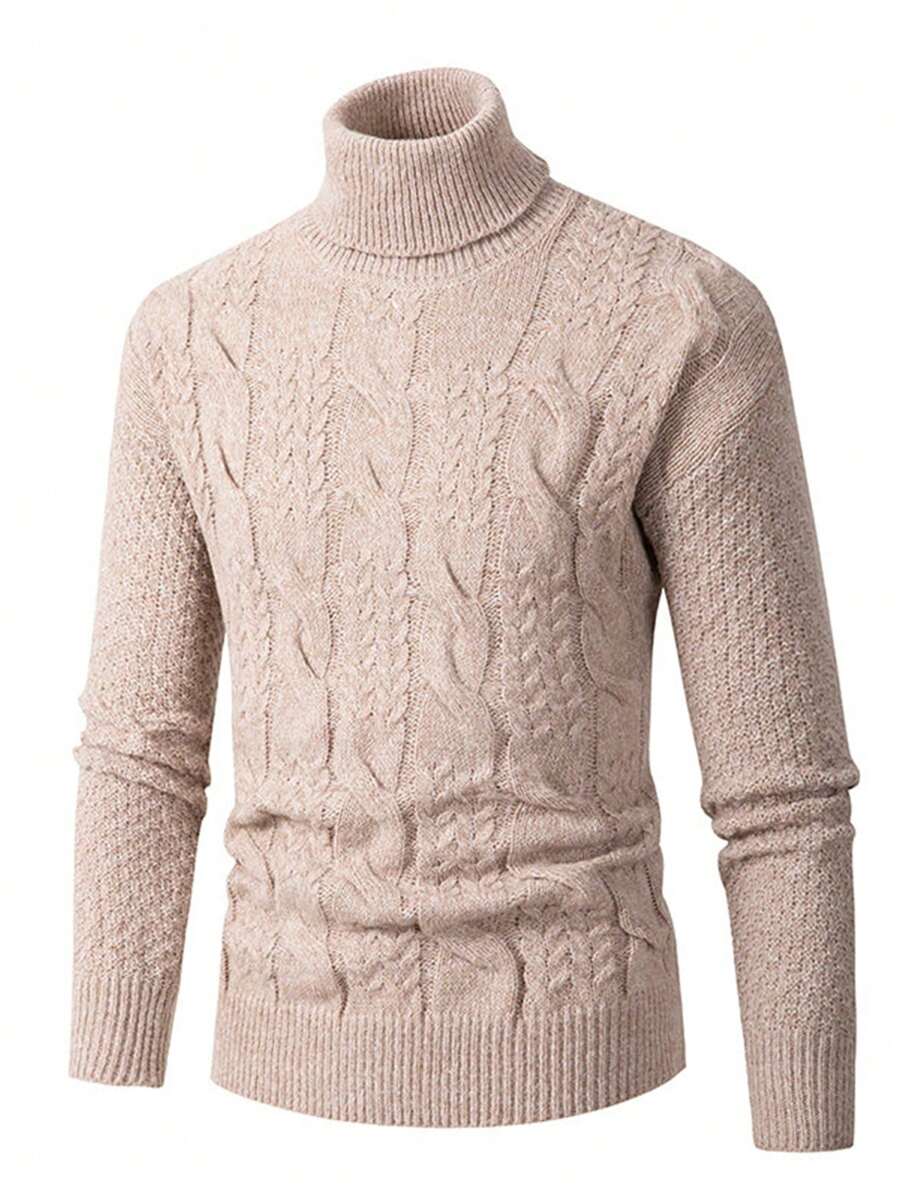 男士高領麻花編織套頭毛衣 - 米色 - 查看 1