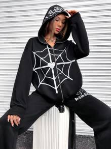 SHEIN Unity 反光蜘蛛網印花落肩袖連帽衫和運動褲 - 黑色 - 查看 6