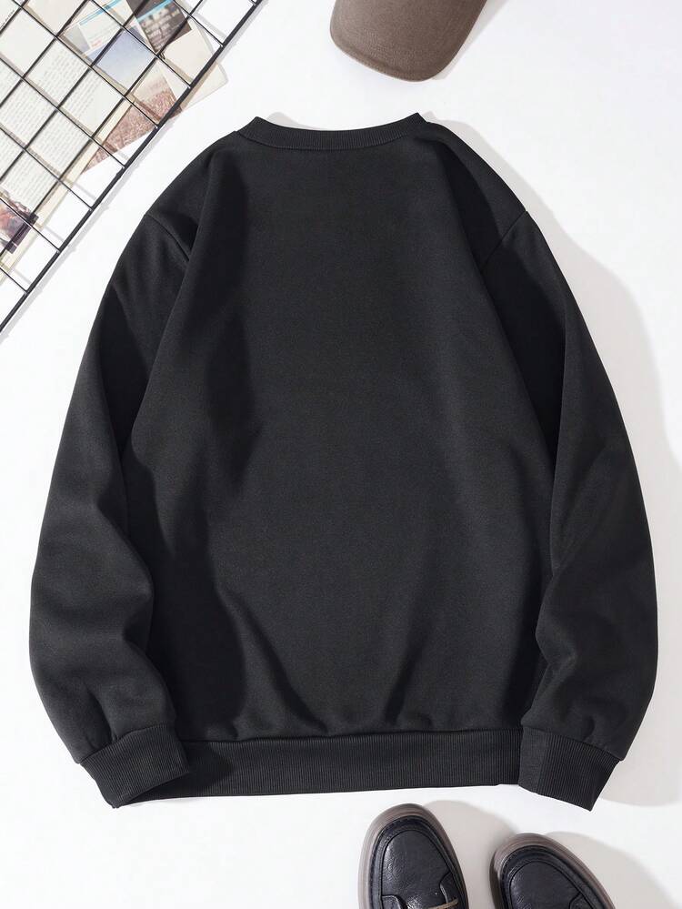 Manfinity Dauomo 男士鴨子和標語圖案保暖襯裡運動衫 - 黑色 - 查看 2