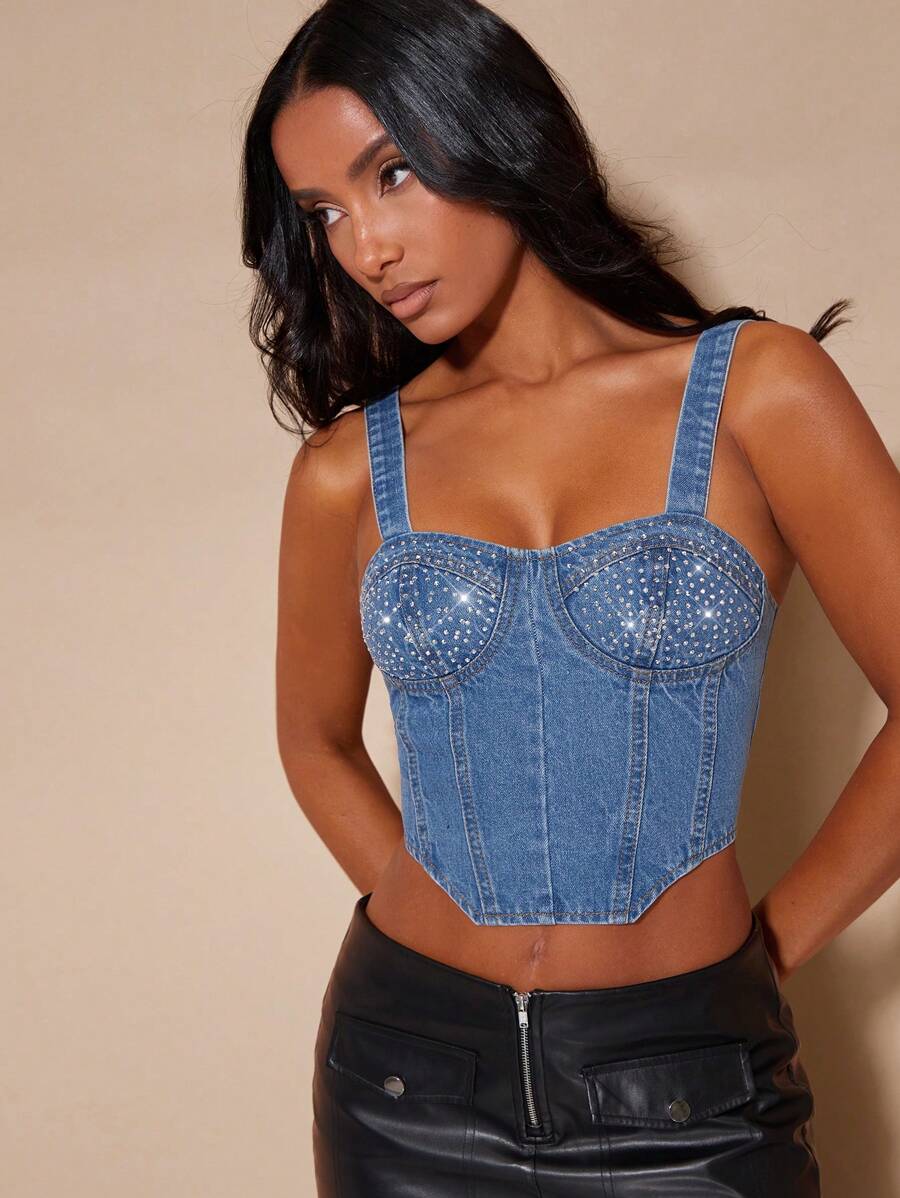 SHEIN BAE Rhinestone Chi tiết Viền không đối xứng Tops Denim - Rửa trung bình - Xem 1