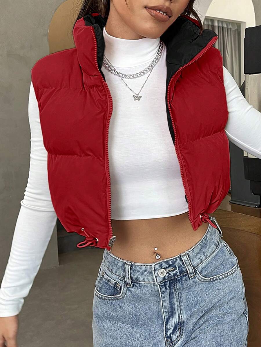 SHEIN EZwear Áo khoác đệm có khóa kéo viền rút - Đỏ - Xem 1