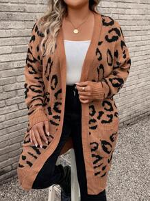 SHEIN LUNE Plus Leopard Pattern Drop Shoulder Duster Cardigan In Fall/Winter