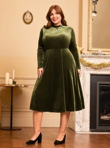 EMERY ROSE 大碼小高領絲絨洋裝 - 軍綠色 - 查看 1