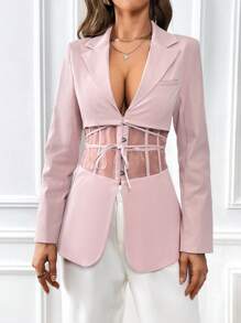 SHEIN Essnce Mesh Insert Tie Front Blazer - Baby Pink - View 1