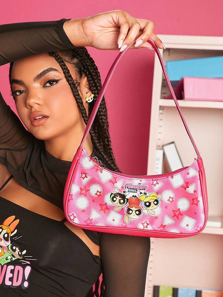 THE POWERPUFF GIRLS X SHEIN Fashionable Cartoon Character Pattern Women's Shoulder Bag - Multicolor - View 1