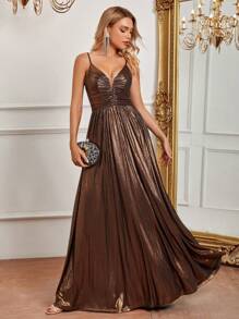 SHEIN Belle Ruched Front Metallic Cami Dress - Coffee Brown - View 7