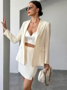 SHEIN Privé 西裝領單釦西裝外套和裙子 - 杏色 - 查看 7