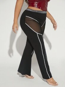 SHEIN SXY Talla grande Pantalones acampanados de malla transparente ribete en contraste