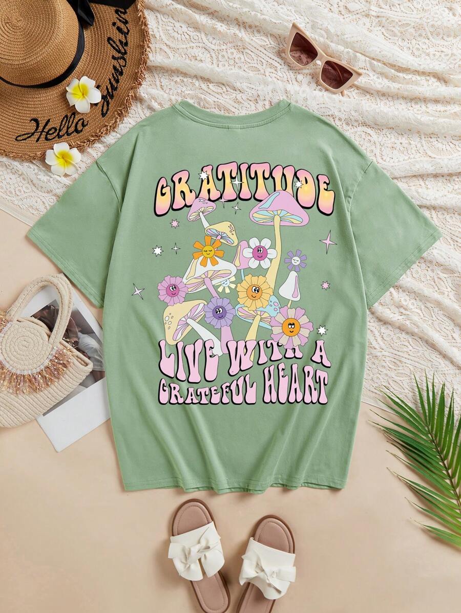 青少年女孩花和標語圖案落肩T恤 - 薄荷綠 - 查看 1