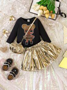 女嬰卡通人物圖案T恤和裙子&包 - 黑色 - 查看 1