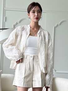 DAZY 提花落肩袖拉鏈開襟飛行員夾克 - 白色 - 查看 3