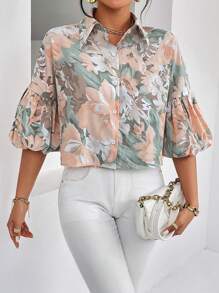 SHEIN Privé Áo sơ mi tay đèn lồng họa tiết hoa, Áo tay ba phần tư - Nhiều màu - Xem 4