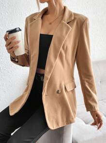 SHEIN Essnce Lapel Neck Double Button Flap Detail Blazer - Camel - View 3