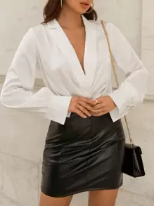 SHEIN Privé Blusa unicolor de cuello con solapa - Blanco - Ver 1