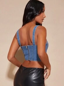 SHEIN BAE Rhinestone Chi tiết Viền không đối xứng Tops Denim - Rửa trung bình - Xem 2