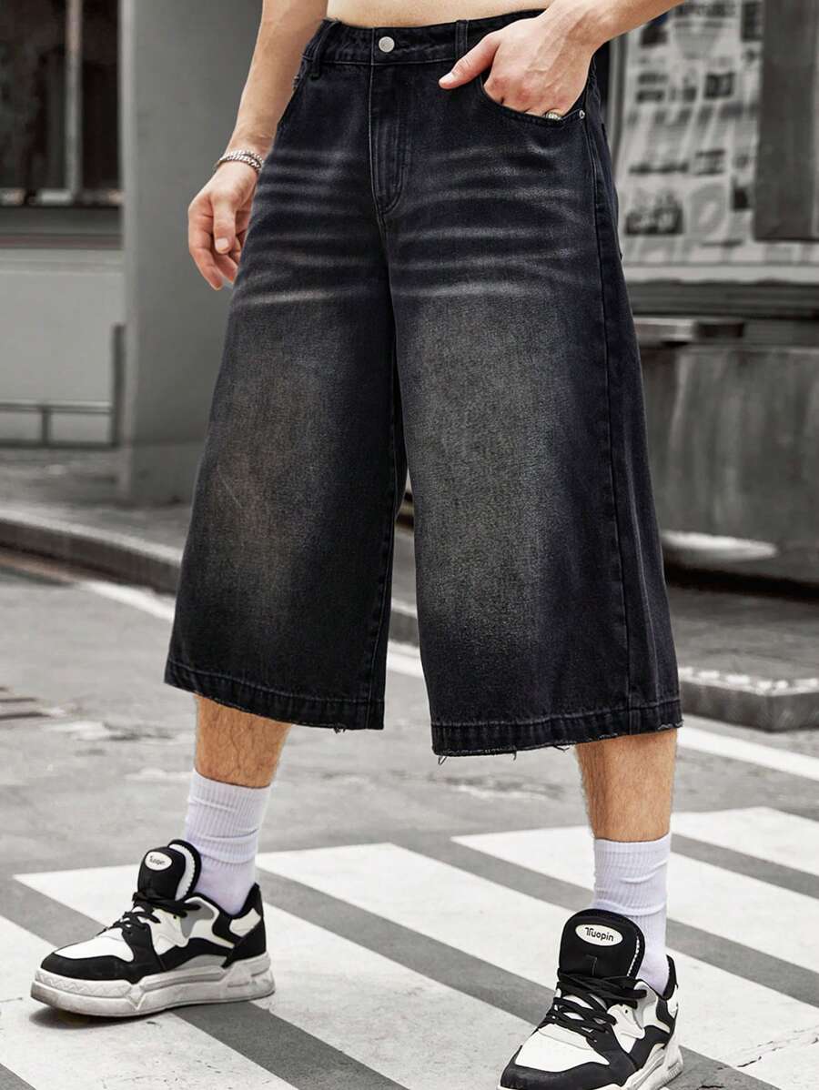 Manfinity Homme 男款鬆身貓鬍鬚洗水寬腿牛仔褲，修身長褲，深色帶口袋黑色休閒時尚男友禮物 - 黑色 - 查看 1