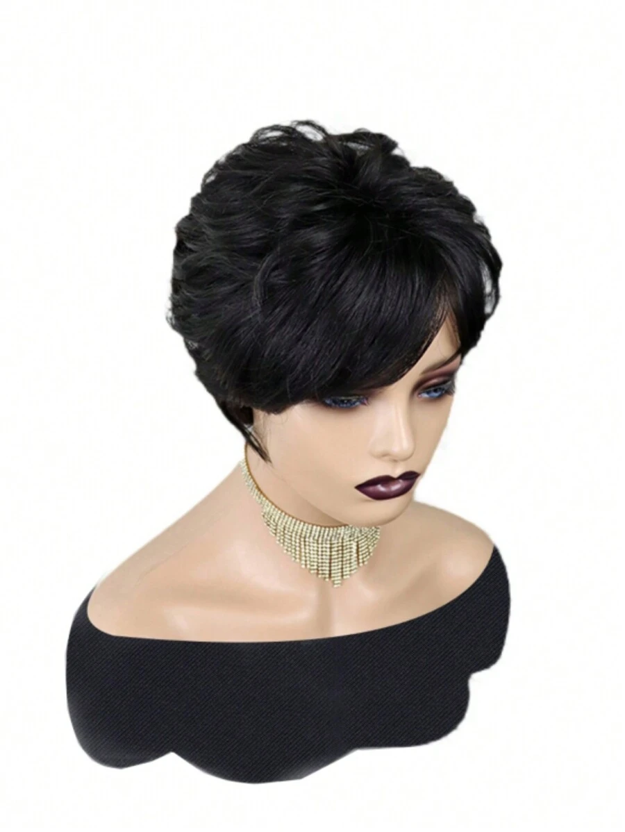 短款波浪卷发精灵短发造型合成假发，带刘海，全手工编织，无蕾丝，外观逼真。 - S1 - 查看 1