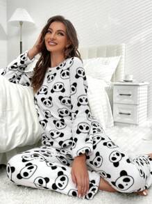熊猫印花 T 恤和裤子 睡衣套装 / 睡衣套装 - 白色 - 查看 4