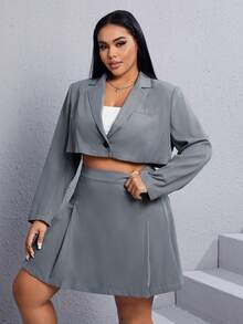SHEIN EZwear 加翻領短款西裝外套和折疊百褶裙 - 灰色 - 查看 3