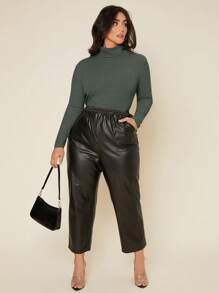 SHEIN BASICS Plus Solid Turtleneck Tee - Dark Grey - View 5